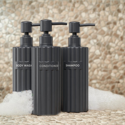 Beautiful Shampoo and Conditioner Dispenser Set of 3 – Modern 21oz Shower Soap Bottles with Pump and Labels – Easy to Refill Body Wash Dispensers for a Stylish Bathroom Upgrade