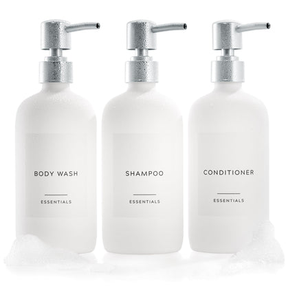Stylish Shampoo and Conditioner Dispenser Set of 3 - Modern 21oz Shower Soap Bottles with Pump and Labels - Easy to Refill Body Wash Dispensers for an Instant Bathroom Decor Upgrade - Black