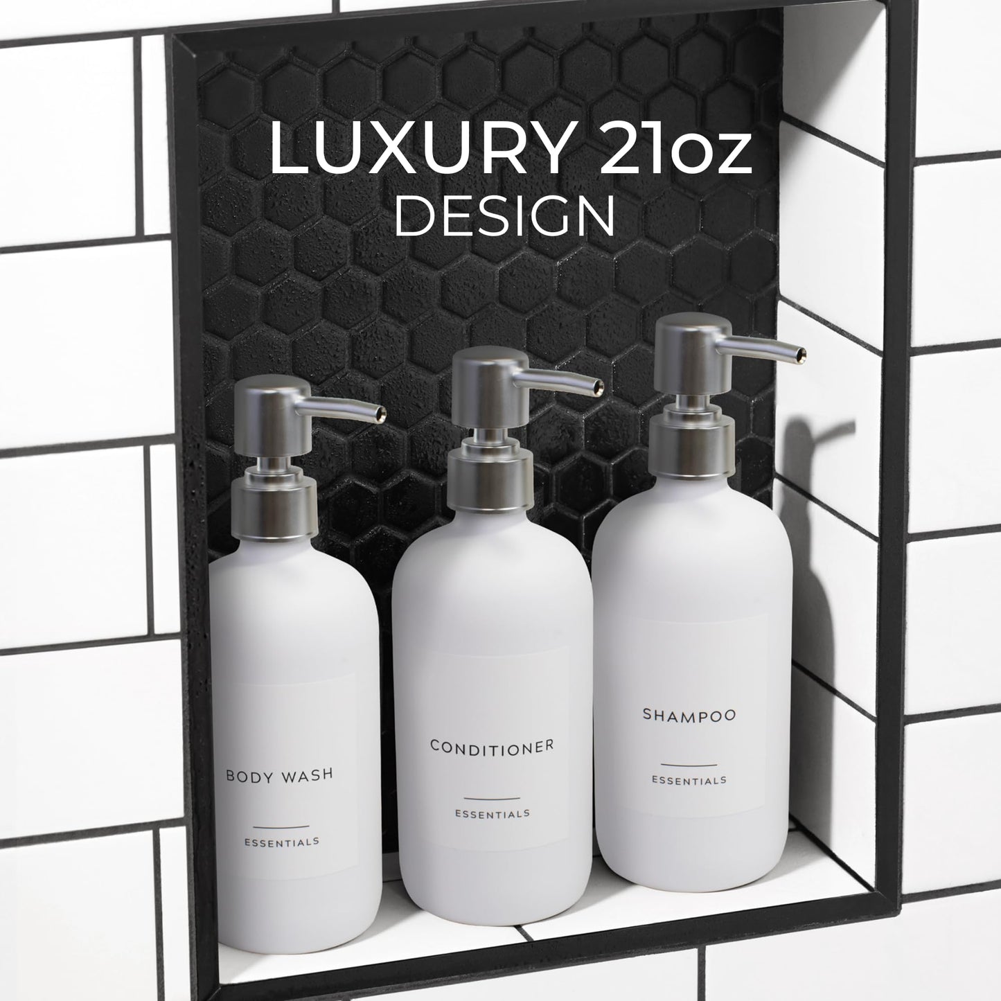 Stylish Shampoo and Conditioner Dispenser Set of 3 - Modern 21oz Shower Soap Bottles with Pump and Labels - Easy to Refill Body Wash Dispensers for an Instant Bathroom Decor Upgrade - Black