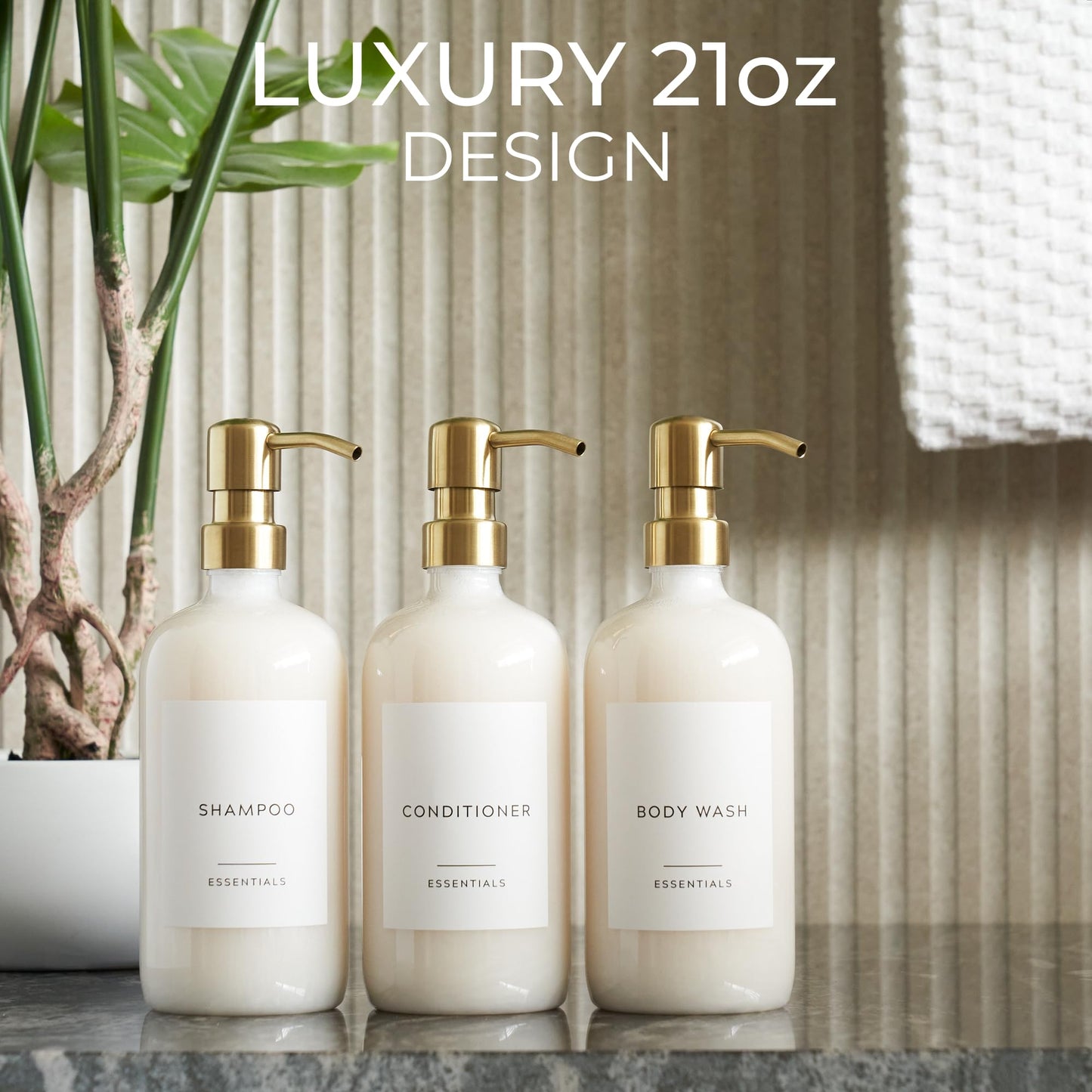 Stylish Shampoo and Conditioner Dispenser Set of 3 - Modern 21oz Shower Soap Bottles with Pump and Labels - Easy to Refill Body Wash Dispensers for an Instant Bathroom Decor Upgrade