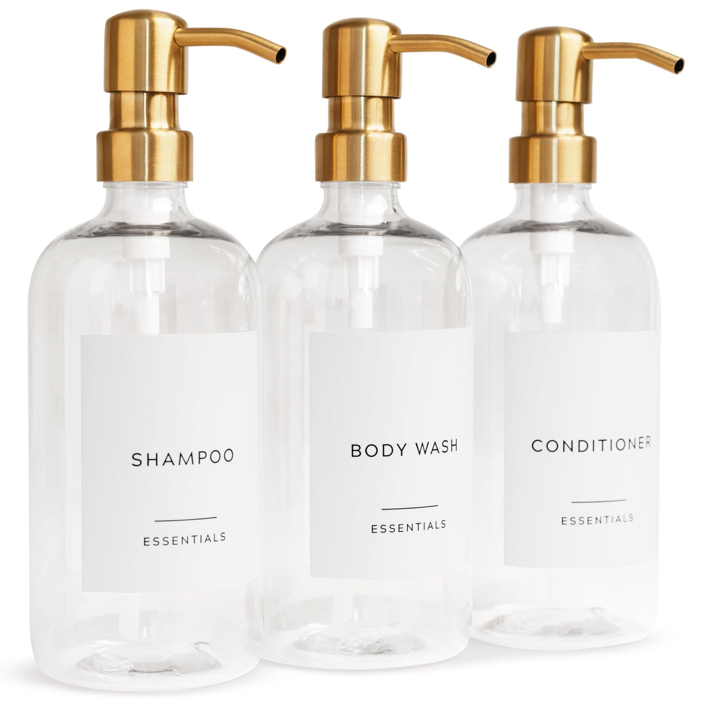 Stylish Shampoo and Conditioner Dispenser Set of 3 - Modern 21oz Shower Soap Bottles with Pump and Labels - Easy to Refill Body Wash Dispensers for an Instant Bathroom Decor Upgrade
