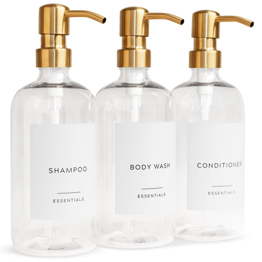 Stylish Shampoo and Conditioner Dispenser Set of 3 - Modern 21oz Shower Soap Bottles with Pump and Labels - Easy to Refill Body Wash Dispensers for an Instant Bathroom Decor Upgrade