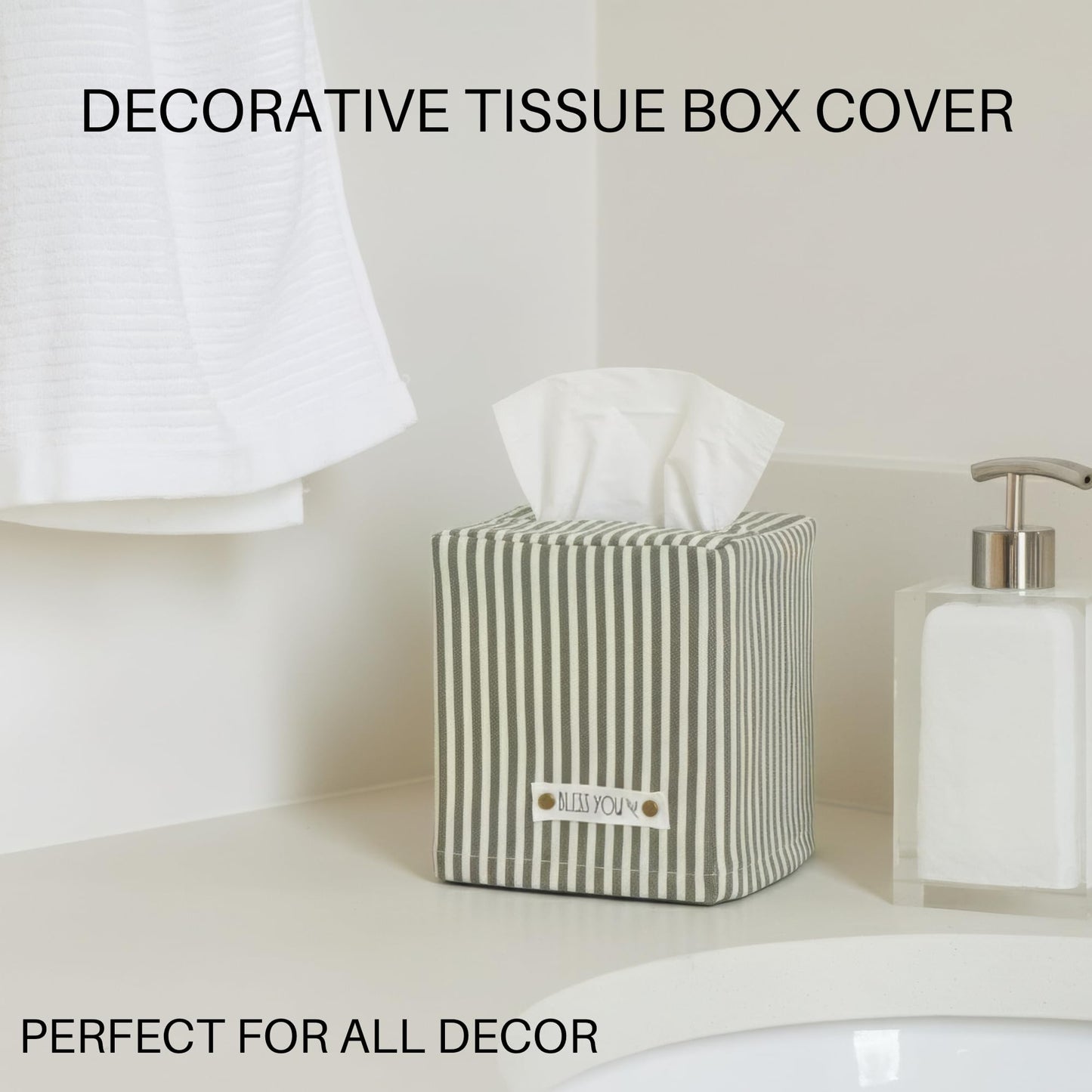Stylish Tissue Box Cover - This Sage Striped Linen Holder Instantly Covers Your Square Tissue Boxes - The Perfect Cube Cover for Your Bathroom and Home