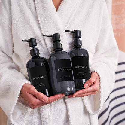 Stylish Shampoo and Conditioner Dispenser Set of 3 - Modern 21oz Shower Soap Bottles with Pump and Labels - Easy to Refill Body Wash Dispensers for an Instant Bathroom Decor Upgrade - Black