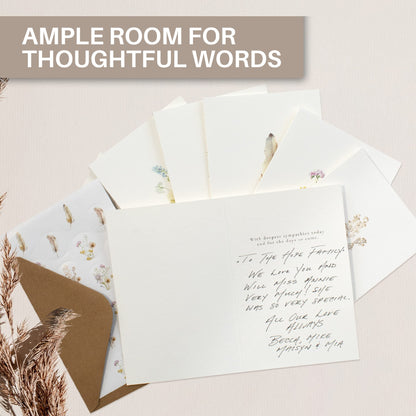 KIBAGA Beautiful Sympathy Cards Set of 20 with Envelopes and Stickers - Perfect Bulk Set To Express Your Condolences - Floral and Feather Assortment w/a Simple Heartfelt Note
