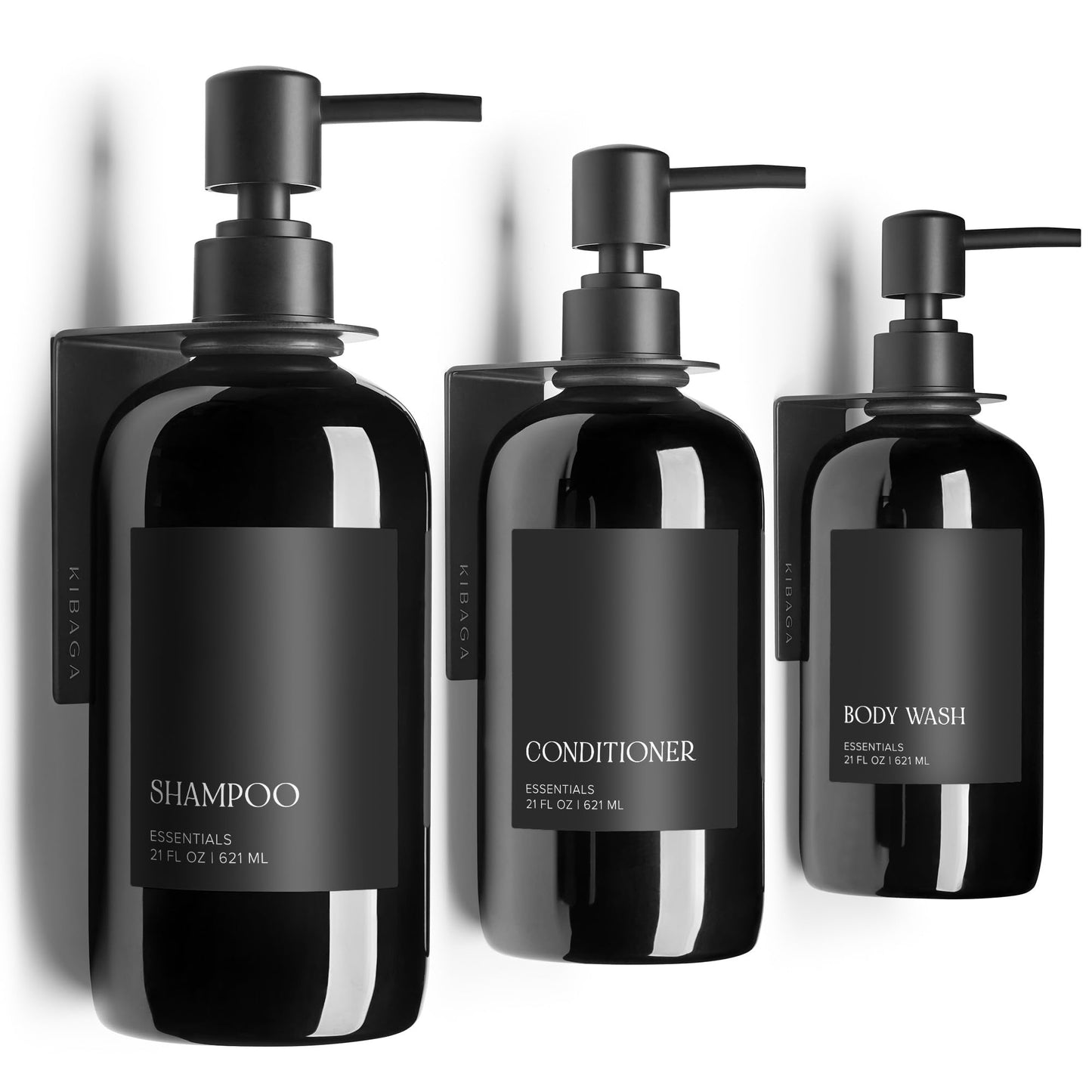Stylish Shampoo and Conditioner Dispenser Set of 3 For Wall Mount - Modern Drill Free 21oz Shower Soap Bottles with Labels - Easy Refill Body Wash Dispensers for an Instant Bathroom Decor Upgrade