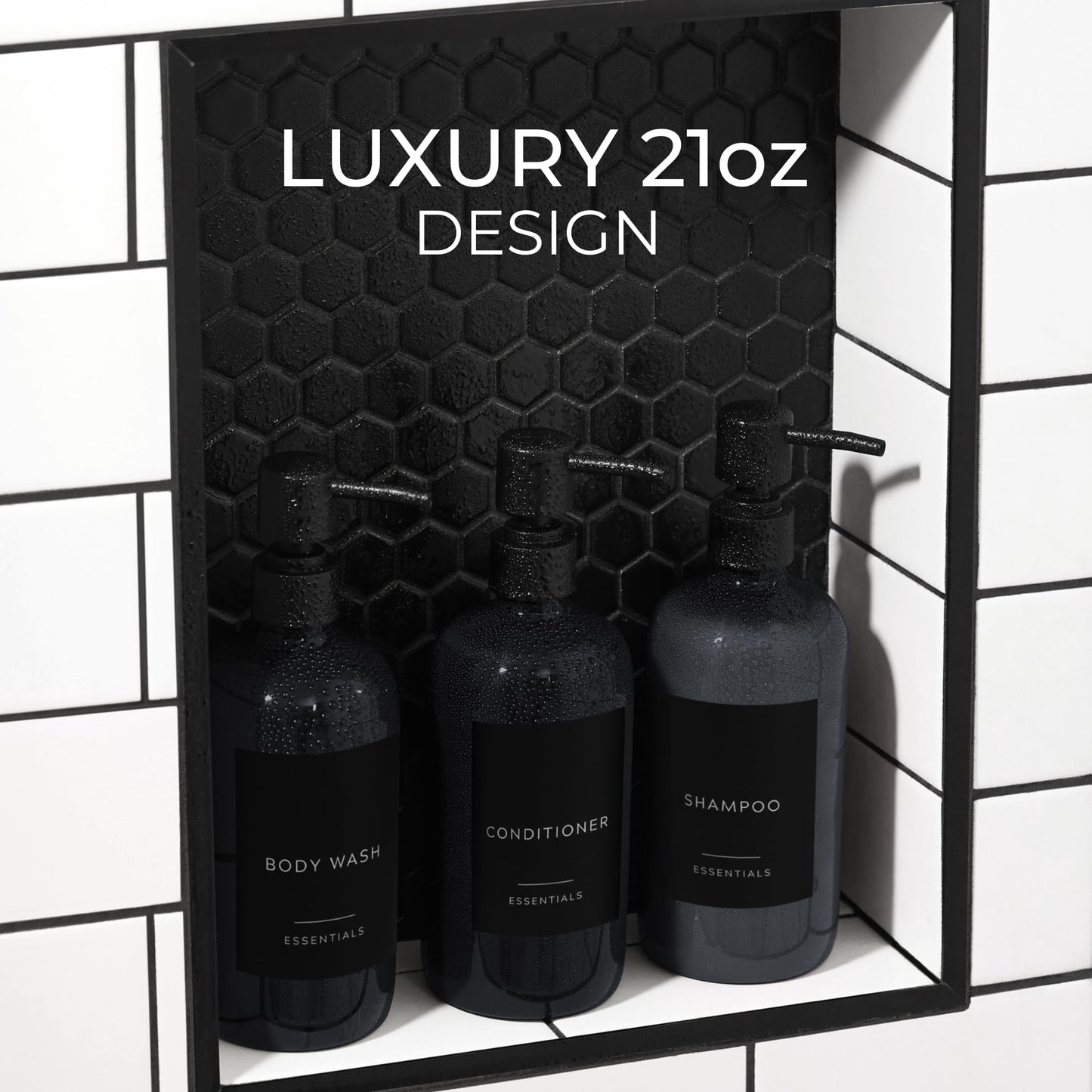Stylish Shampoo and Conditioner Dispenser Set of 3 - Modern 21oz Shower Soap Bottles with Pump and Labels - Easy to Refill Body Wash Dispensers for an Instant Bathroom Decor Upgrade - Black