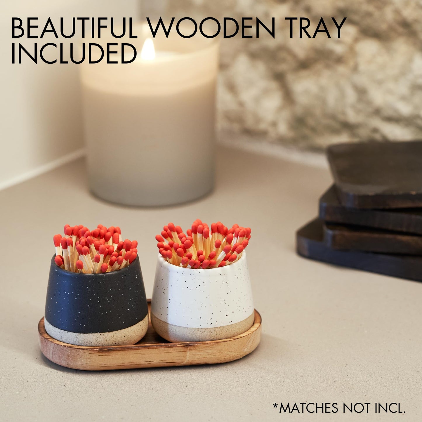 Decorative Ceramic Match Holder With Wooden Tray - Set of 2 Beautiful Matte Holders with Striker Are an Upgrade To Any Home Decor - Enhance Your Living Room With Cute Jars - Matches Not Incl.