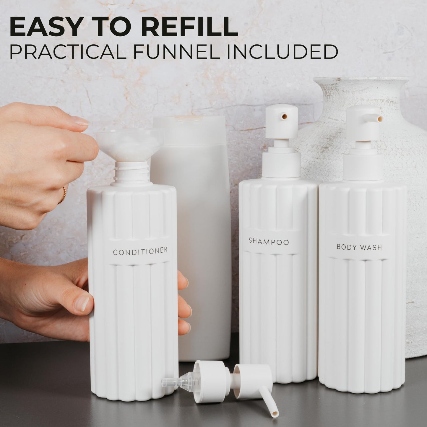 Beautiful Shampoo and Conditioner Dispenser Set of 3 – Modern 21oz Shower Soap Bottles with Pump and Labels – Easy to Refill Body Wash Dispensers for a Stylish Bathroom Upgrade