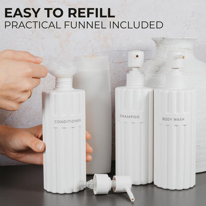 Beautiful Shampoo and Conditioner Dispenser Set of 3 – Modern 21oz Shower Soap Bottles with Pump and Labels – Easy to Refill Body Wash Dispensers for a Stylish Bathroom Upgrade