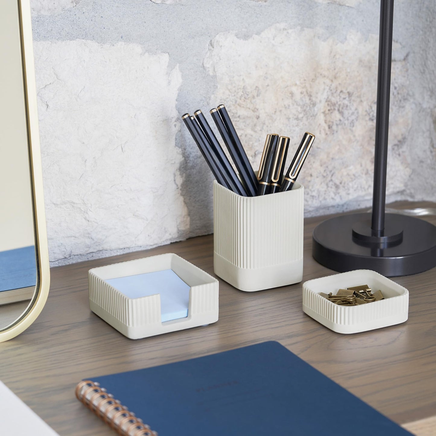 Aesthetic Desk Organizer Set of 3 For Your Office - Sturdy Concrete Desktop Accessories For Women or Men Enhance Any Office Decor - Set incl. Pen Holder, Paperclip Storage and Sticky Note Holder