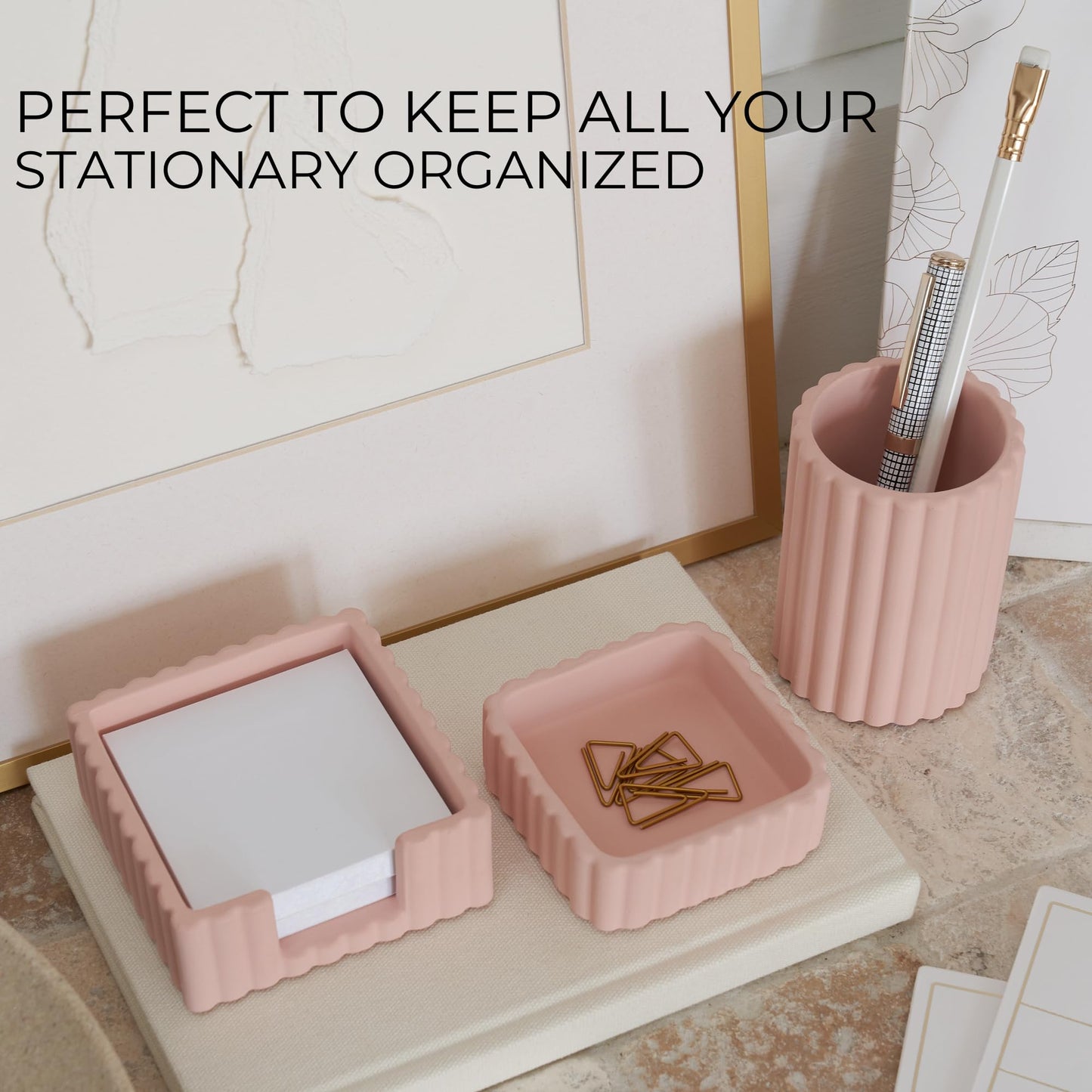 Modern Aesthetic Desk Accessories Set of 3 - Stylish Concrete Organizers for Pens & Office Supplies - A Cute and Functional Addition to Your Workspace Decor