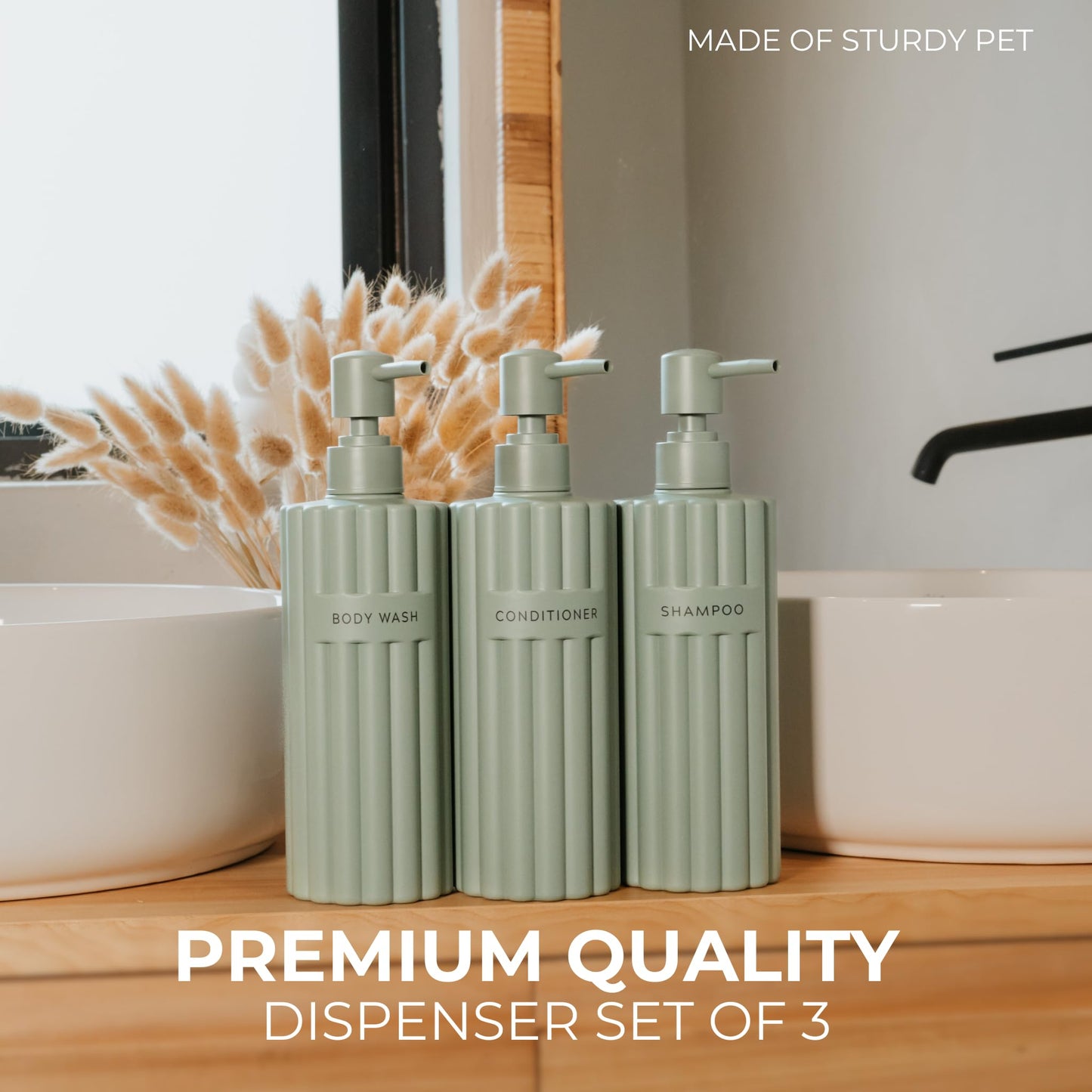 Beautiful Shampoo and Conditioner Dispenser Set of 3 – Modern 21oz Shower Soap Bottles with Pump and Labels – Easy to Refill Body Wash Dispensers for a Stylish Bathroom Upgrade