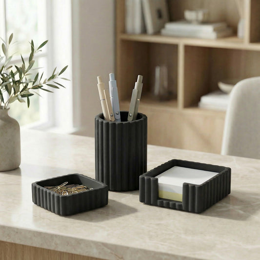 Modern Aesthetic Desk Accessories Set of 3 - Stylish Concrete Organizers for Pens & Office Supplies - A Cute and Functional Addition to Your Workspace Decor