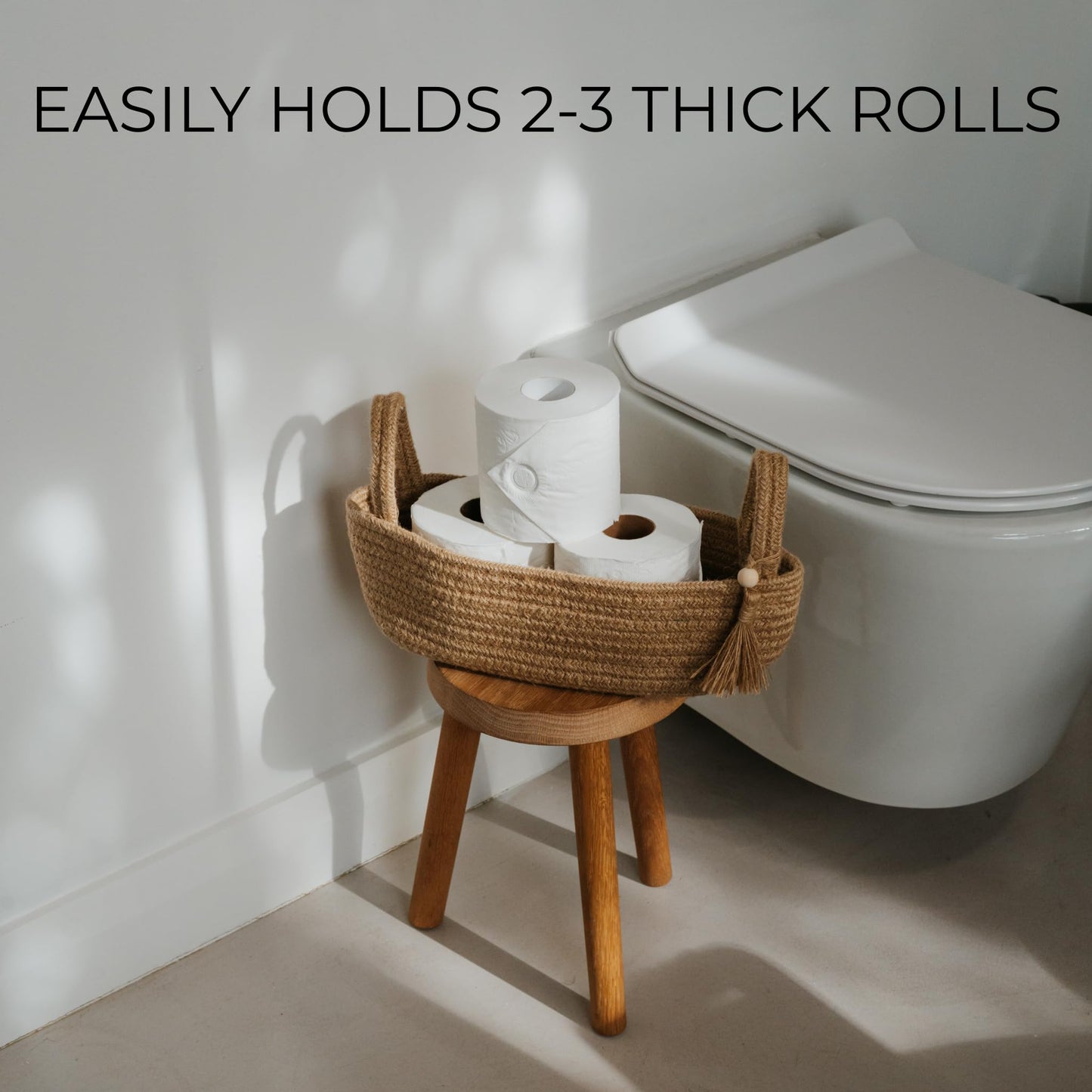 Decorative Toilet Paper Basket – Beautiful Bathroom Organizer for Toilet Tank Storage Decor – Boho Cotton Rope Bin with Tassel for Bathroom Accessories and as Shelf Decor