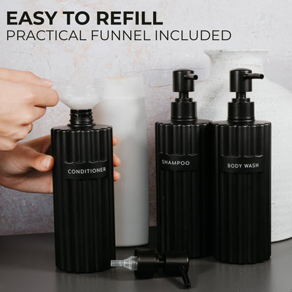 Beautiful Shampoo and Conditioner Dispenser Set of 3 – Modern 21oz Shower Soap Bottles with Pump and Labels – Easy to Refill Body Wash Dispensers for a Stylish Bathroom Upgrade