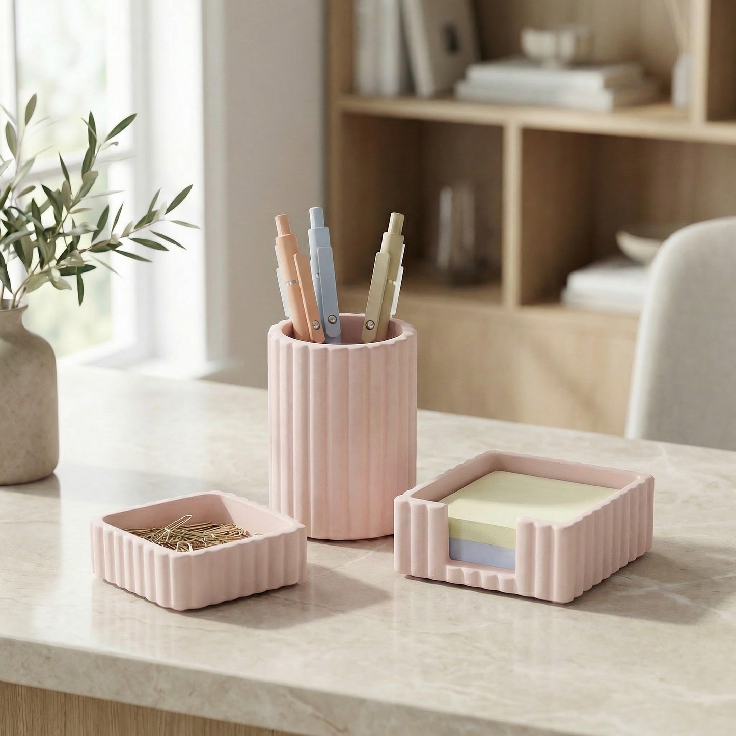 Modern Aesthetic Desk Accessories Set of 3 - Stylish Concrete Organizers for Pens & Office Supplies - A Cute and Functional Addition to Your Workspace Decor