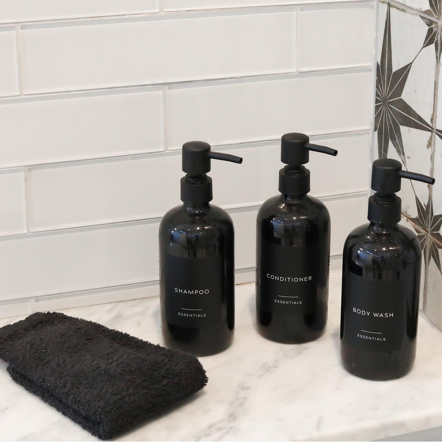 Stylish Shampoo and Conditioner Dispenser Set of 3 - Modern 21oz Shower Soap Bottles with Pump and Labels - Easy to Refill Body Wash Dispensers for an Instant Bathroom Decor Upgrade - Black