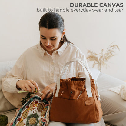 Stylish Crochet Bag Organizer Easily Organizes Your Yarn - Durable Canvas Bag w/ 8 Pockets Stores Plenty of Yarn Skeins and Knitting Supplies/Accessories - Perfect Basket for Gifting to Knitting Fans