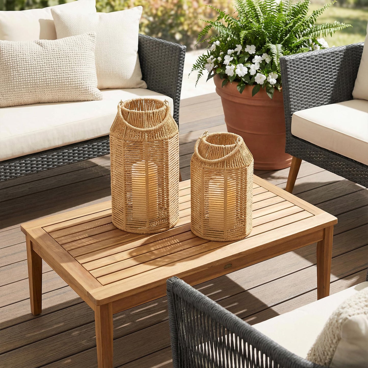 Natural Jute Boho Lanterns - Handcrafted Coffee Table Decor to Enhance Your Home - Modern Decorative Farmhouse Beauty for Any Living Room, Patio & Porch, Indoor and Outdoor or Kitchen Dining Table