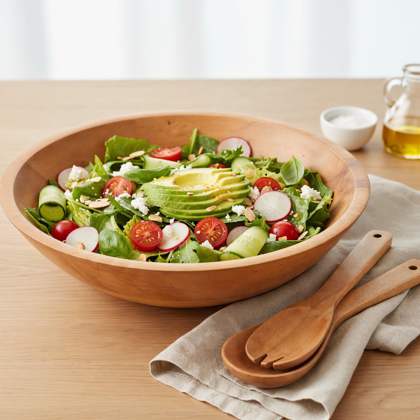 Beautiful Salad Bowls, Wooden Salad Bowls Set, Large Beech Wood Serving Bowl for Fruits & Salad with Serving Utensils