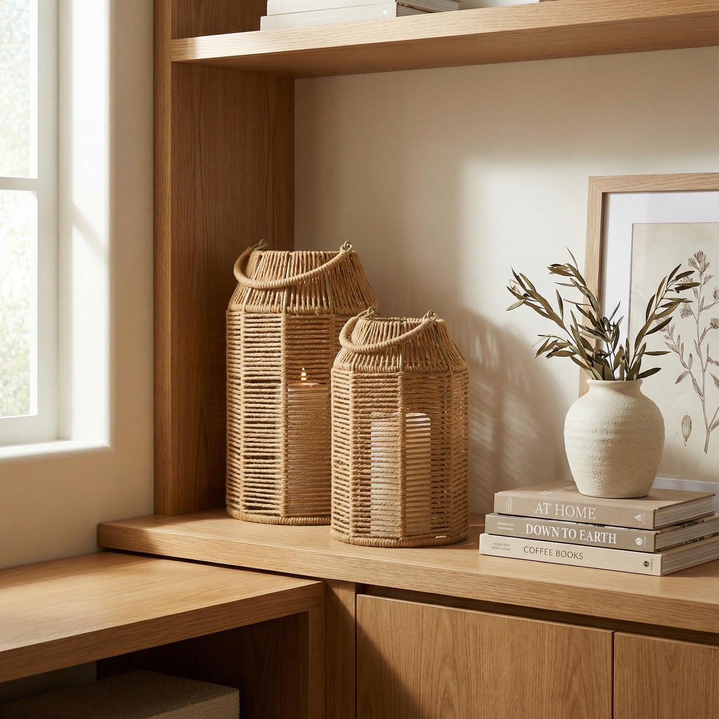 Natural Jute Boho Lanterns - Handcrafted Coffee Table Decor to Enhance Your Home - Modern Decorative Farmhouse Beauty for Any Living Room, Patio & Porch, Indoor and Outdoor or Kitchen Dining Table