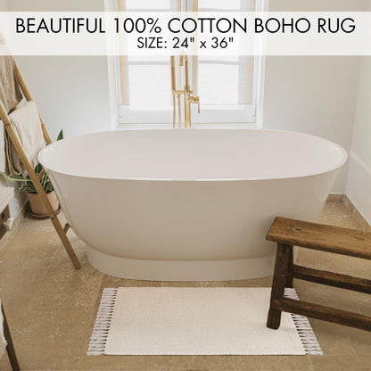 Beautiful Boho Bathroom Rug with Tassels - Soft 2 x 3 ft. Cotton Rug Fits Perfectly Into Your Bath - Washable, Non-Slip Mat Ideal to Enhance Your Modern Home Decor