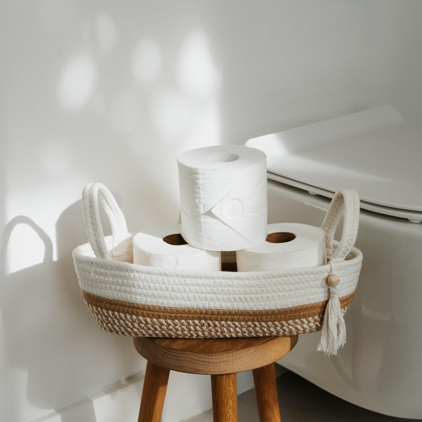 Decorative Toilet Paper Basket – Beautiful Bathroom Organizer for Toilet Tank Storage Decor – Boho Cotton Rope Bin with Tassel for Bathroom Accessories and as Shelf Decor