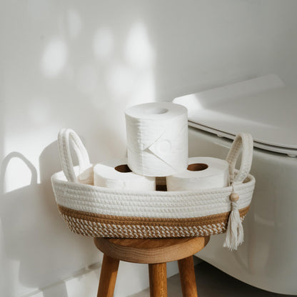 Decorative Toilet Paper Basket – Beautiful Bathroom Organizer for Toilet Tank Storage Decor – Boho Cotton Rope Bin with Tassel for Bathroom Accessories and as Shelf Decor