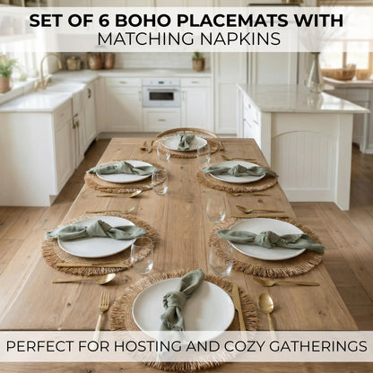 Beautiful Boho Placemats and Napkins Set of 6 – Handmade Woven Cotton, Burlap & Straw Table Decor for Dining Room, Kitchen, or Farmhouse-Style Tables