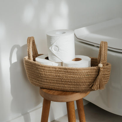 Decorative Toilet Paper Basket – Beautiful Bathroom Organizer for Toilet Tank Storage Decor – Boho Cotton Rope Bin with Tassel for Bathroom Accessories and as Shelf Decor