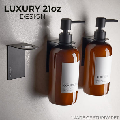 Stylish Shampoo and Conditioner Dispenser Set of 3 For Wall Mount - Modern Drill Free 21oz Shower Soap Bottles with Labels - Easy Refill Body Wash Dispensers for an Instant Bathroom Decor Upgrade