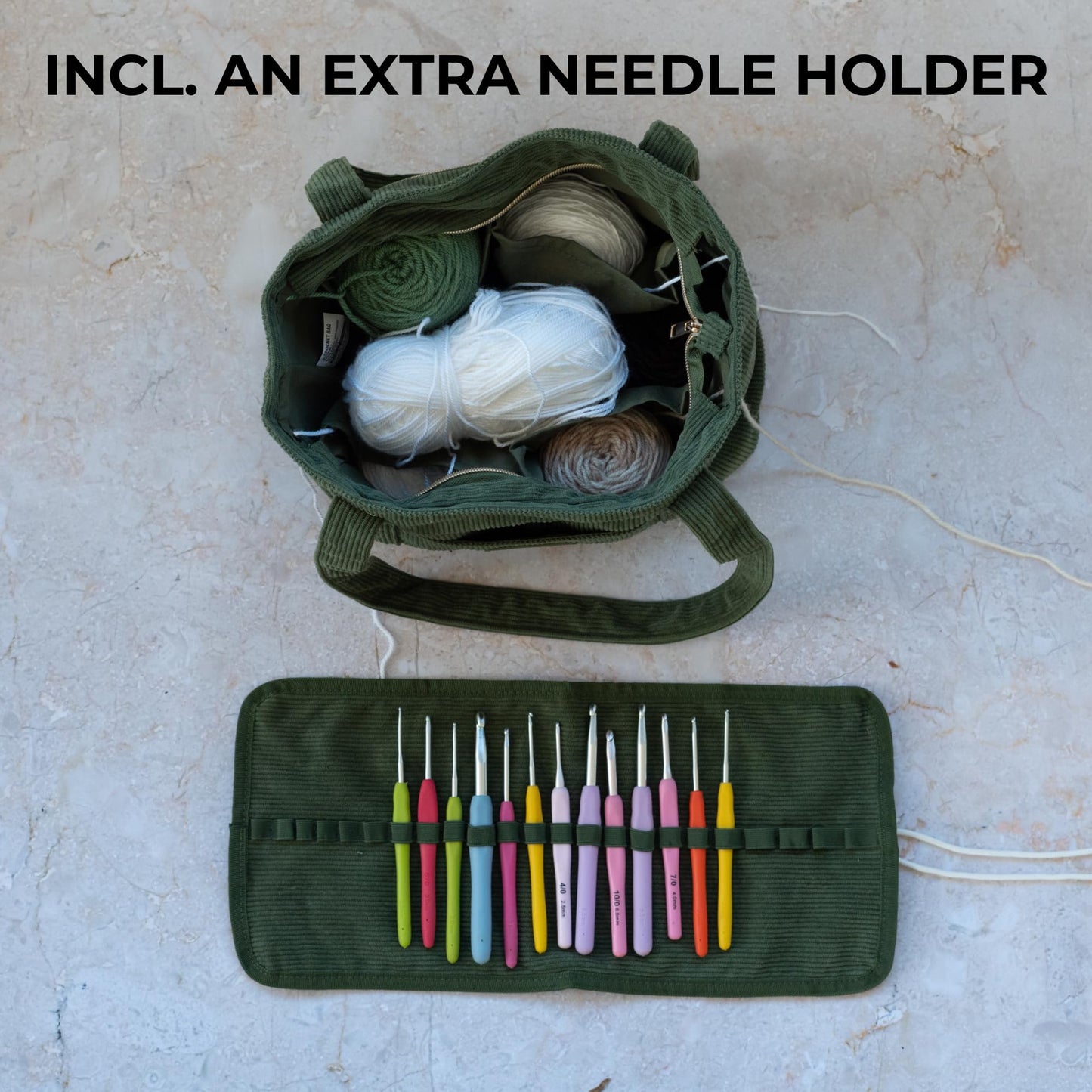 Stylish Yarn Bag for Crochet and Knitting Projects - Corduroy Crochet Organizer with 4 Interior Pockets and Yarn Holes - Perfect for Storing Hooks, Needles and Crafting Accessories
