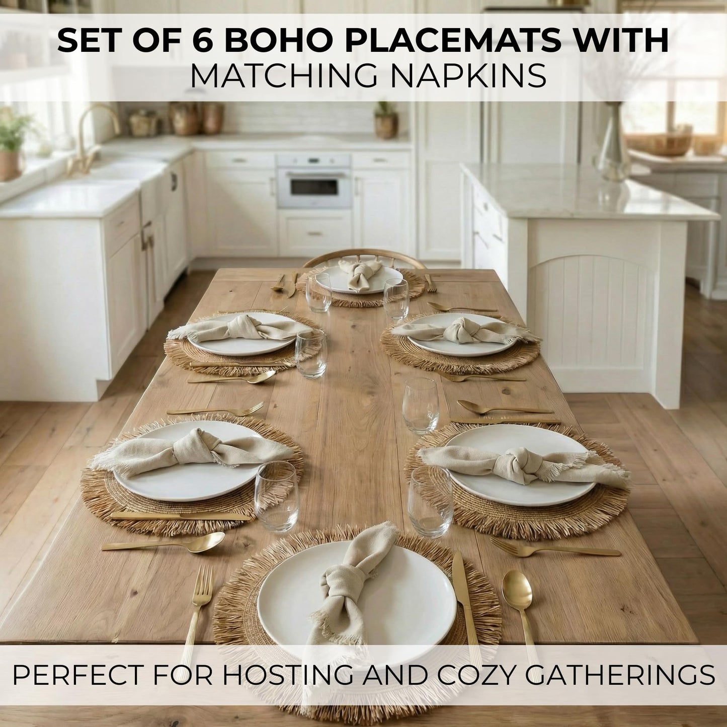 Beautiful Boho Placemats and Napkins Set of 6 – Handmade Woven Cotton, Burlap & Straw Table Decor for Dining Room, Kitchen, or Farmhouse-Style Tables