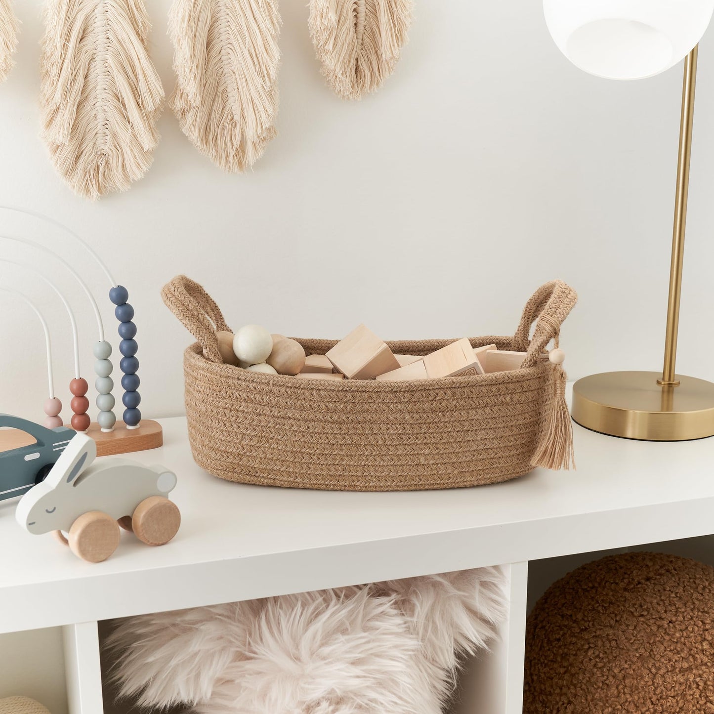 Decorative Toilet Paper Basket – Beautiful Bathroom Organizer for Toilet Tank Storage Decor – Boho Cotton Rope Bin with Tassel for Bathroom Accessories and as Shelf Decor