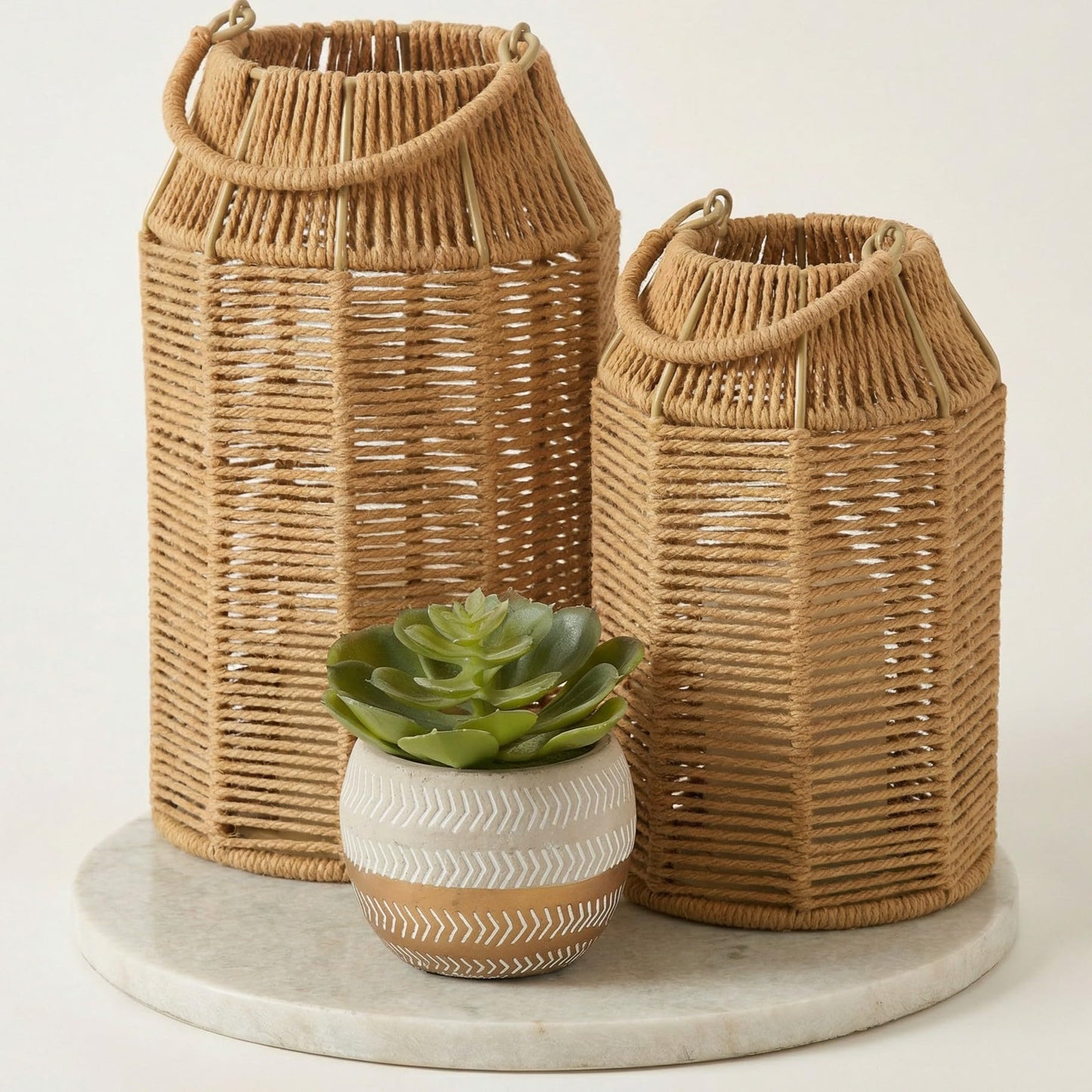 Natural Jute Boho Lanterns - Handcrafted Coffee Table Decor to Enhance Your Home - Modern Decorative Farmhouse Beauty for Any Living Room, Patio & Porch, Indoor and Outdoor or Kitchen Dining Table