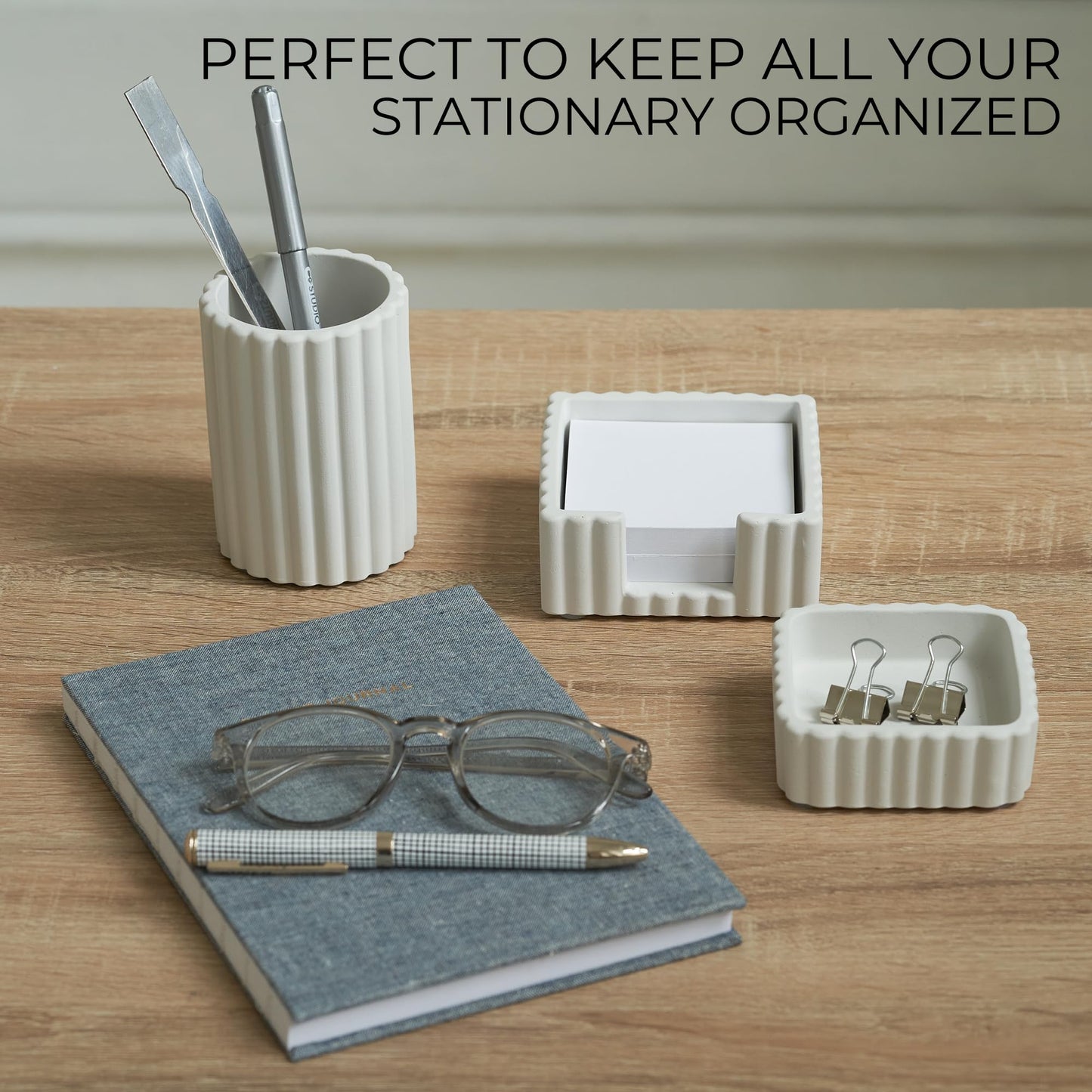 Modern Aesthetic Desk Accessories Set of 3 - Stylish Concrete Organizers for Pens & Office Supplies - A Cute and Functional Addition to Your Workspace Decor