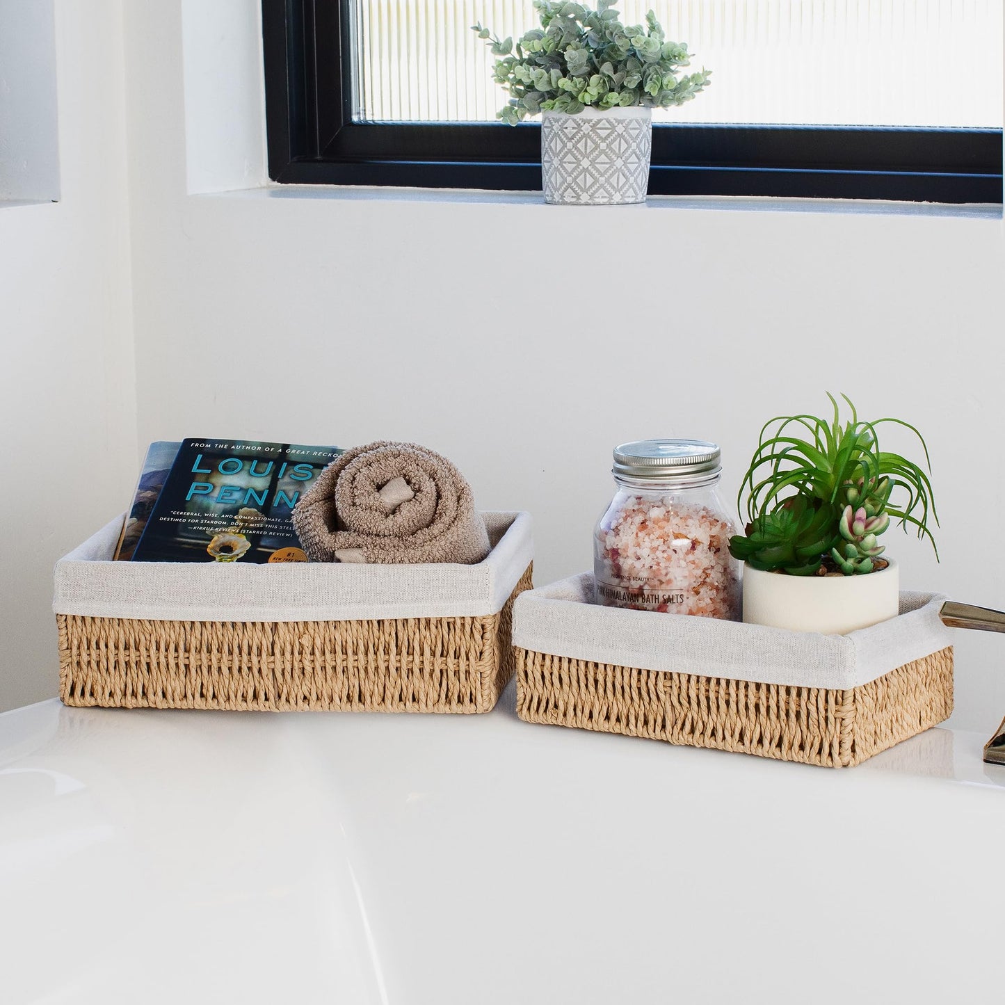 Beautiful Boho Bathroom Basket – Stylish Organizer Baskets for Toilet Tank, Bathroom Essentials, or Nursery Decor - Storage Basket Set of 2 for Shelves