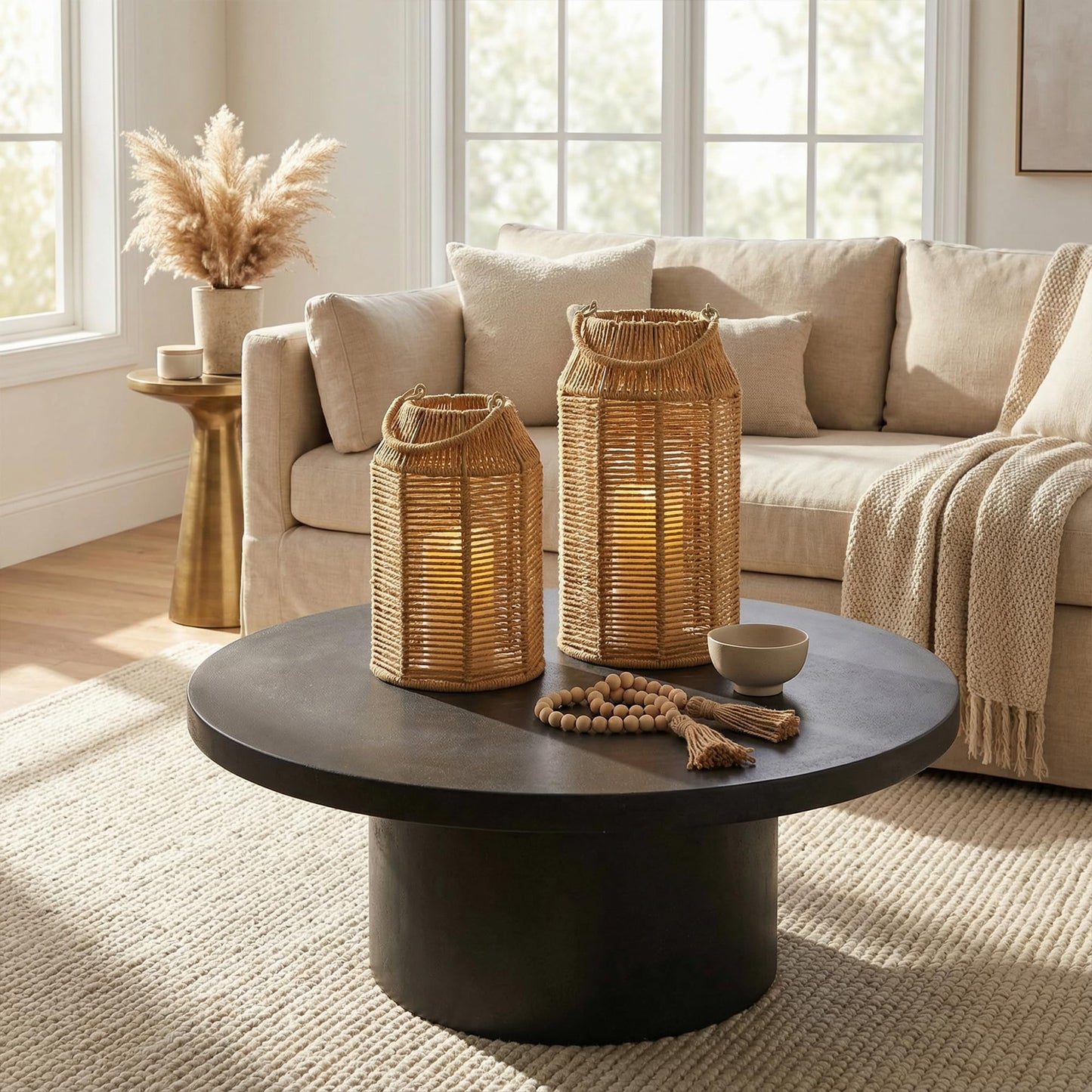 Natural Jute Boho Lanterns - Handcrafted Coffee Table Decor to Enhance Your Home - Modern Decorative Farmhouse Beauty for Any Living Room, Patio & Porch, Indoor and Outdoor or Kitchen Dining Table