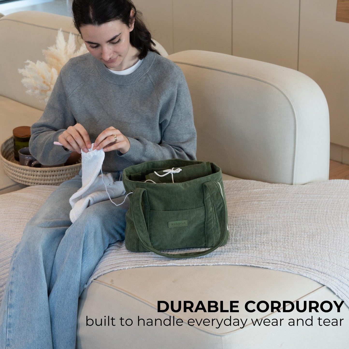 Stylish Yarn Bag for Crochet and Knitting Projects - Corduroy Crochet Organizer with 4 Interior Pockets and Yarn Holes - Perfect for Storing Hooks, Needles and Crafting Accessories