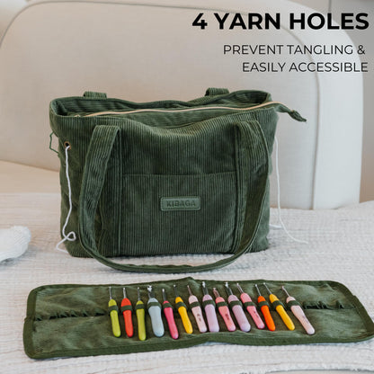 Stylish Yarn Bag for Crochet and Knitting Projects - Corduroy Crochet Organizer with 4 Interior Pockets and Yarn Holes - Perfect for Storing Hooks, Needles and Crafting Accessories