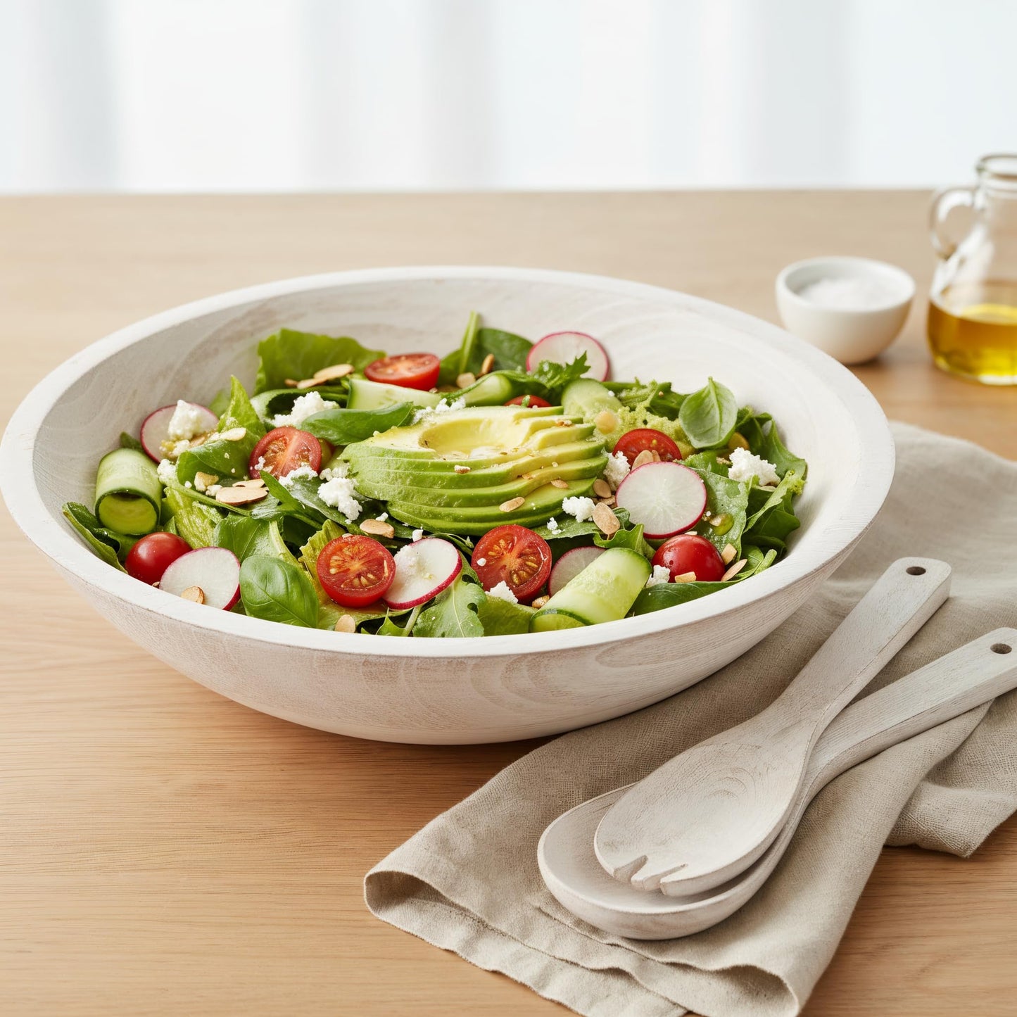 Beautiful Salad Bowls, Wooden Salad Bowls Set, Large Beech Wood Serving Bowl for Fruits & Salad with Serving Utensils