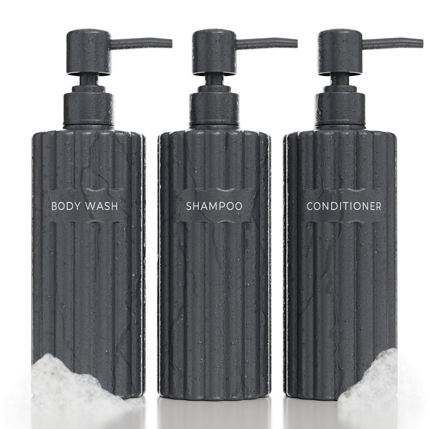 Beautiful Shampoo and Conditioner Dispenser Set of 3 – Modern 21oz Shower Soap Bottles with Pump and Labels – Easy to Refill Body Wash Dispensers for a Stylish Bathroom Upgrade