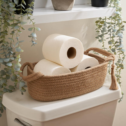 Decorative Toilet Paper Basket – Beautiful Bathroom Organizer for Toilet Tank Storage Decor – Boho Cotton Rope Bin with Tassel for Bathroom Accessories and as Shelf Decor