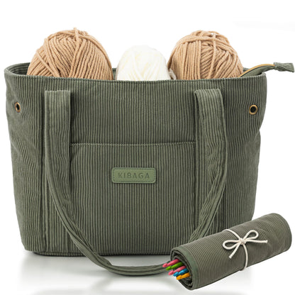 Stylish Yarn Bag for Crochet and Knitting Projects - Corduroy Crochet Organizer with 4 Interior Pockets and Yarn Holes - Perfect for Storing Hooks, Needles and Crafting Accessories