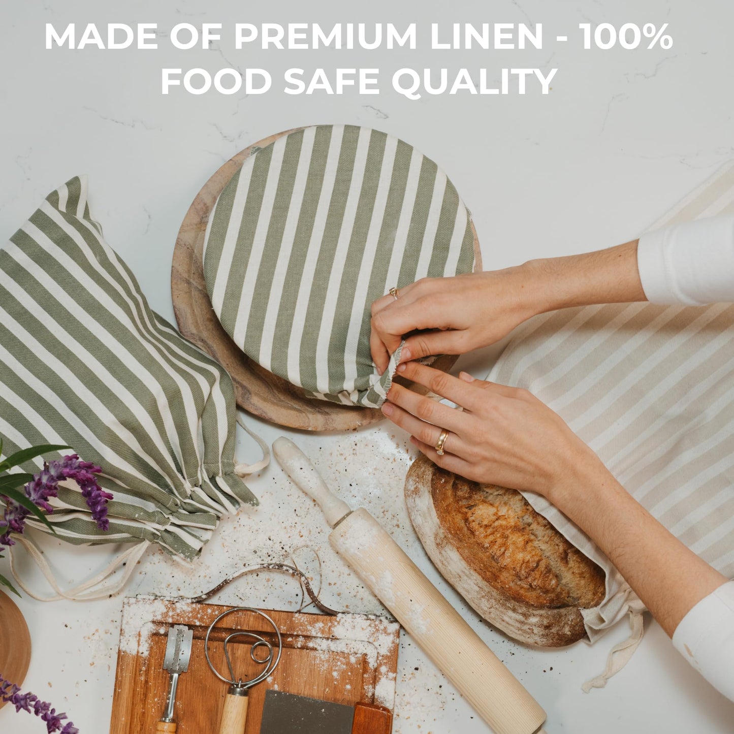 Beautiful Linen Bread Bag Set and Proofing Cover For Homemade Sourdough Bread - Keeps Your Loaf Fresh for Days - Reusable and Easy to Clean Storage Bag, The Perfect Baking Accessories