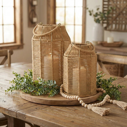 Natural Jute Boho Lanterns - Handcrafted Coffee Table Decor to Enhance Your Home - Modern Decorative Farmhouse Beauty for Any Living Room, Patio & Porch, Indoor and Outdoor or Kitchen Dining Table