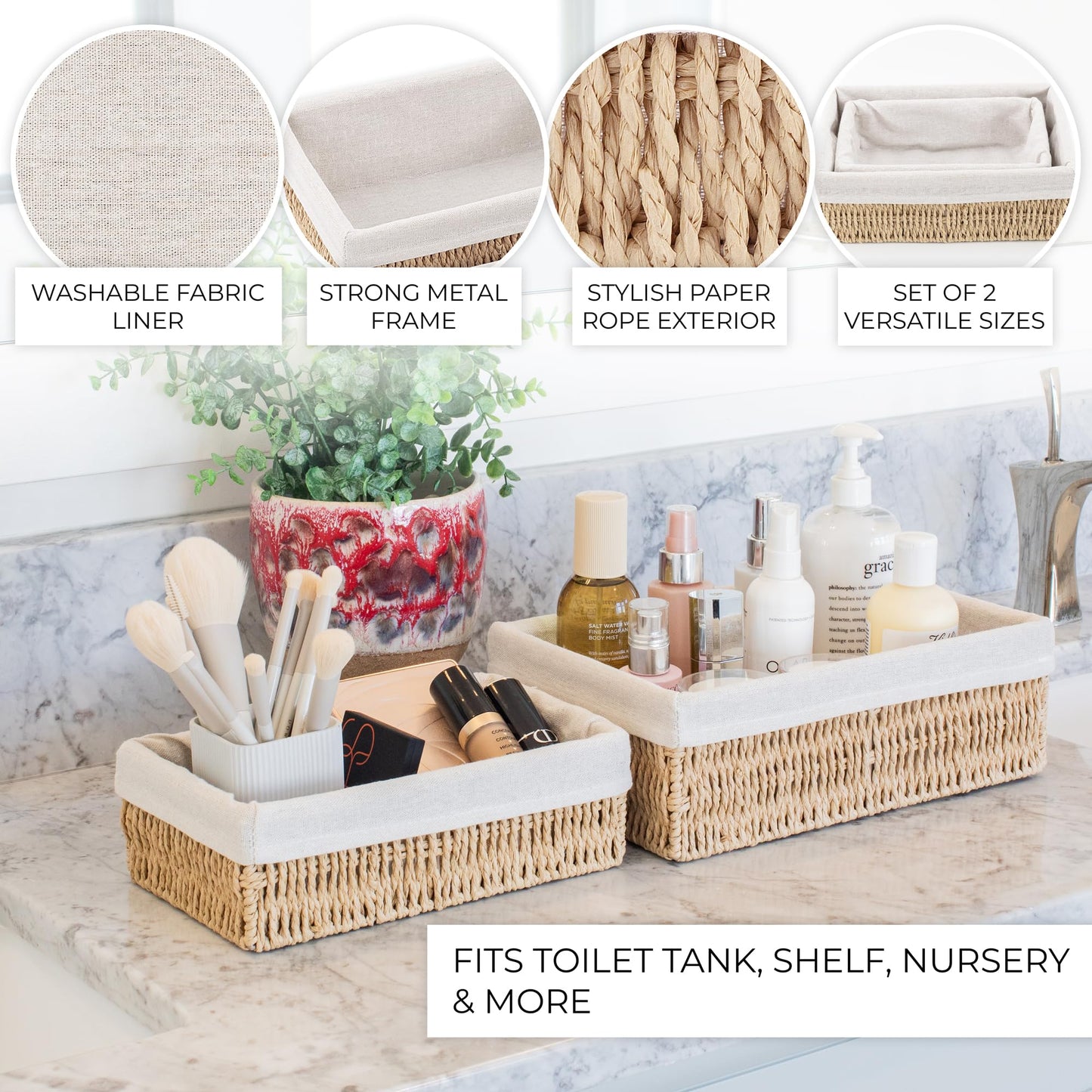 Beautiful Boho Bathroom Basket – Stylish Organizer Baskets for Toilet Tank, Bathroom Essentials, or Nursery Decor - Storage Basket Set of 2 for Shelves