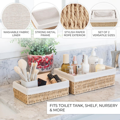 Beautiful Boho Bathroom Basket – Stylish Organizer Baskets for Toilet Tank, Bathroom Essentials, or Nursery Decor - Storage Basket Set of 2 for Shelves