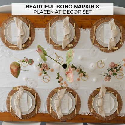 Beautiful Boho Placemats and Napkins Set of 6 – Handmade Woven Cotton, Burlap & Straw Table Decor for Dining Room, Kitchen, or Farmhouse-Style Tables